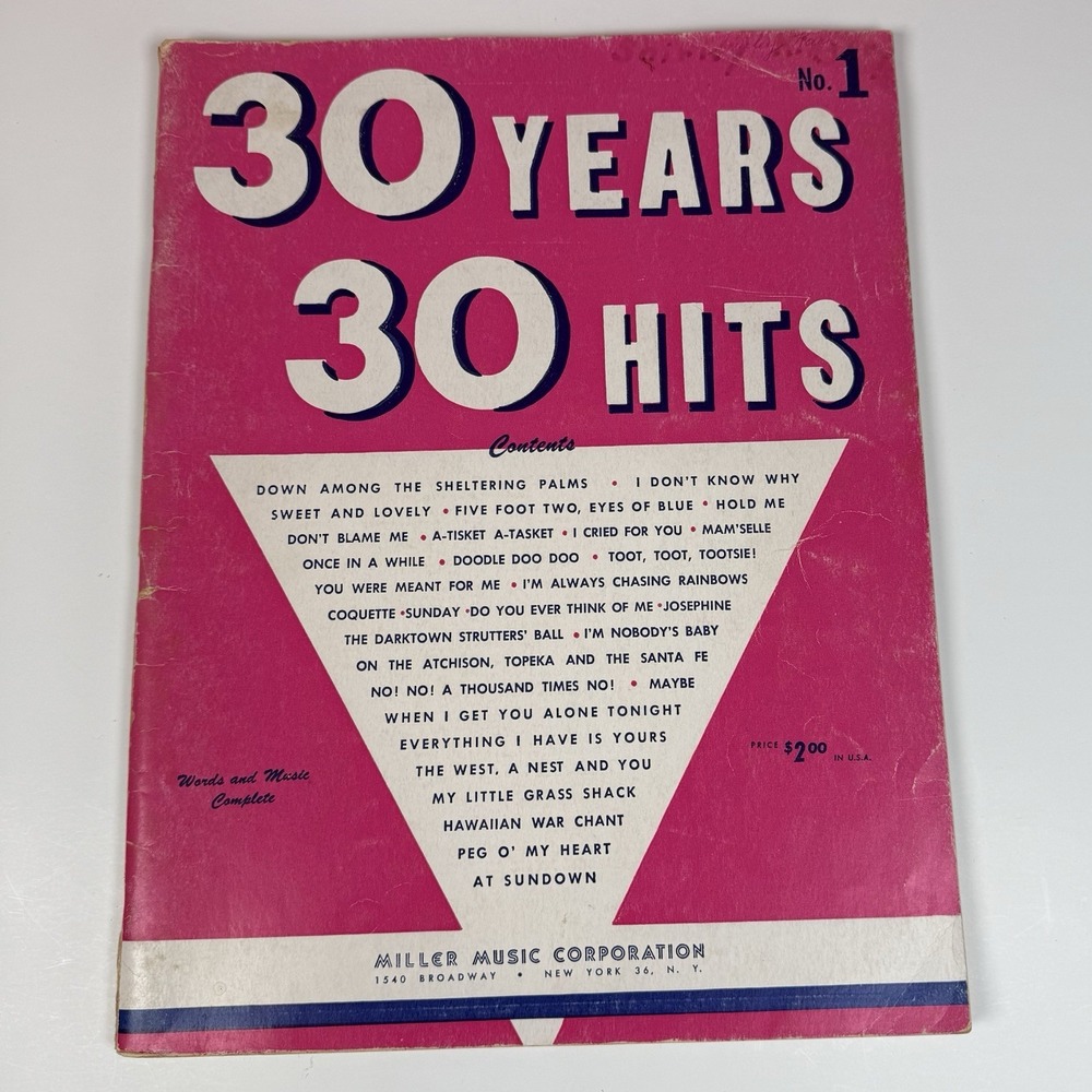 Vintage 1950 Miller Music Corp "30 Years 30 Hits" No 1 Sheet Music Songbook
